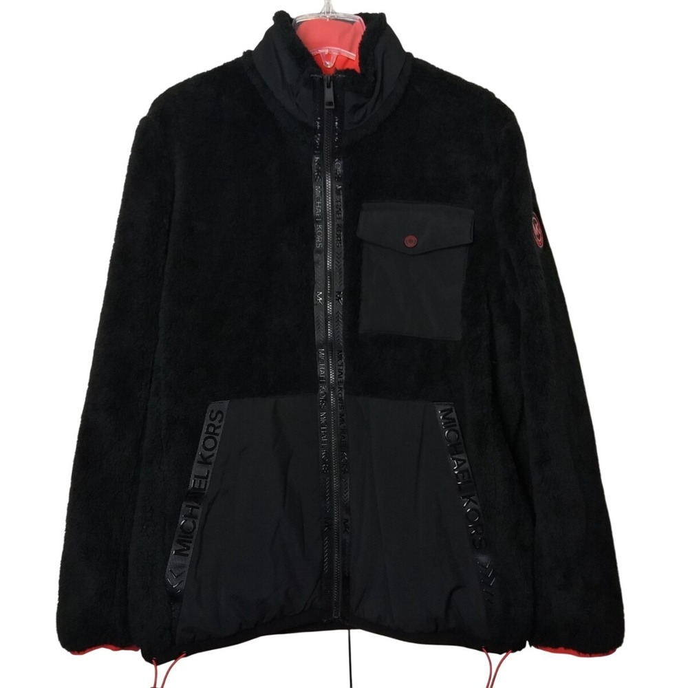 Michael Kors Fleece Jacket Black Red Trim Unisex L Full Zip Logo Pockets NWT NEW